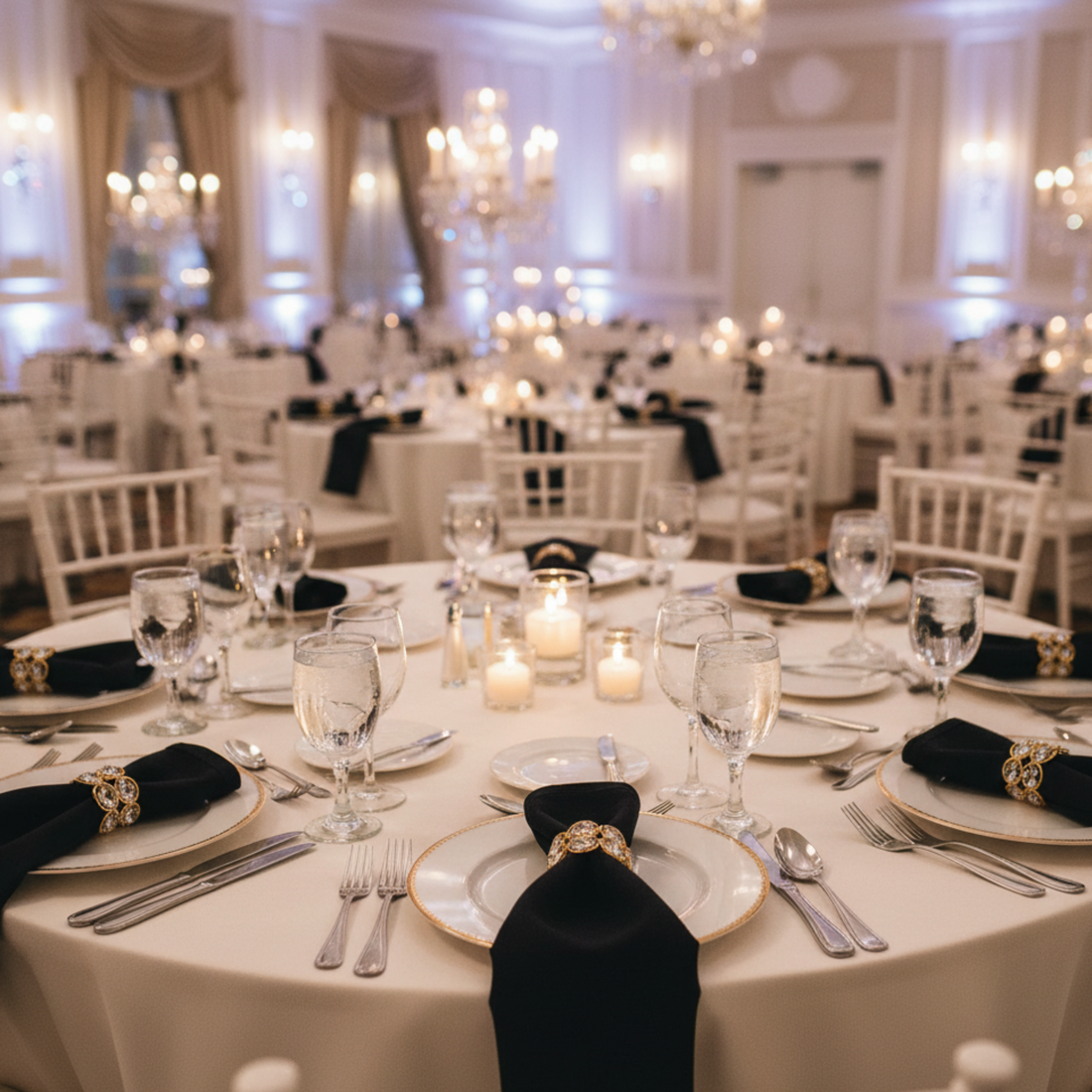 Formal Banquet Hall with Elegantly Set Tables and Chandeliers — New Years Eve Party 2027