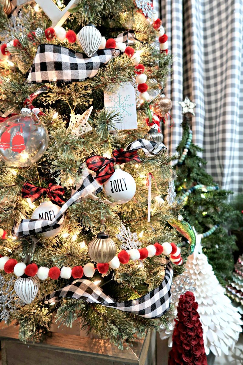 Farmhouse Decorated Tree with Buffalo Check Ribbon — Small Christmas Tree Decor