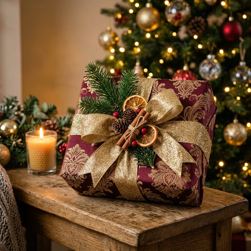 Elegant Burgundy Gift Wrap with Gold Accents and Cinnamon — Burgundy Christmas Decor