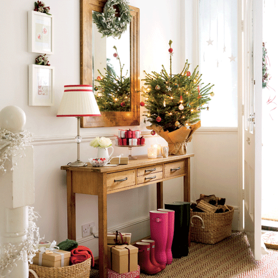 Entryway Console Table with Christmas Tree and Pink Boots Entryway Console Table with Christmas Tree and Pink Boots — Christmas Entryway Decor