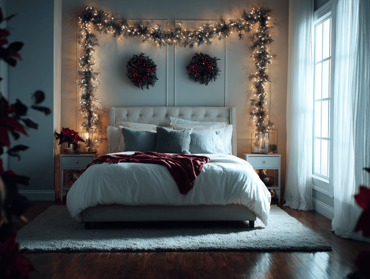 Tufted Headboard Framed by Garland and Fairy Lights with Symmetrical Wreaths — Christmas Fairy Lights Headboard