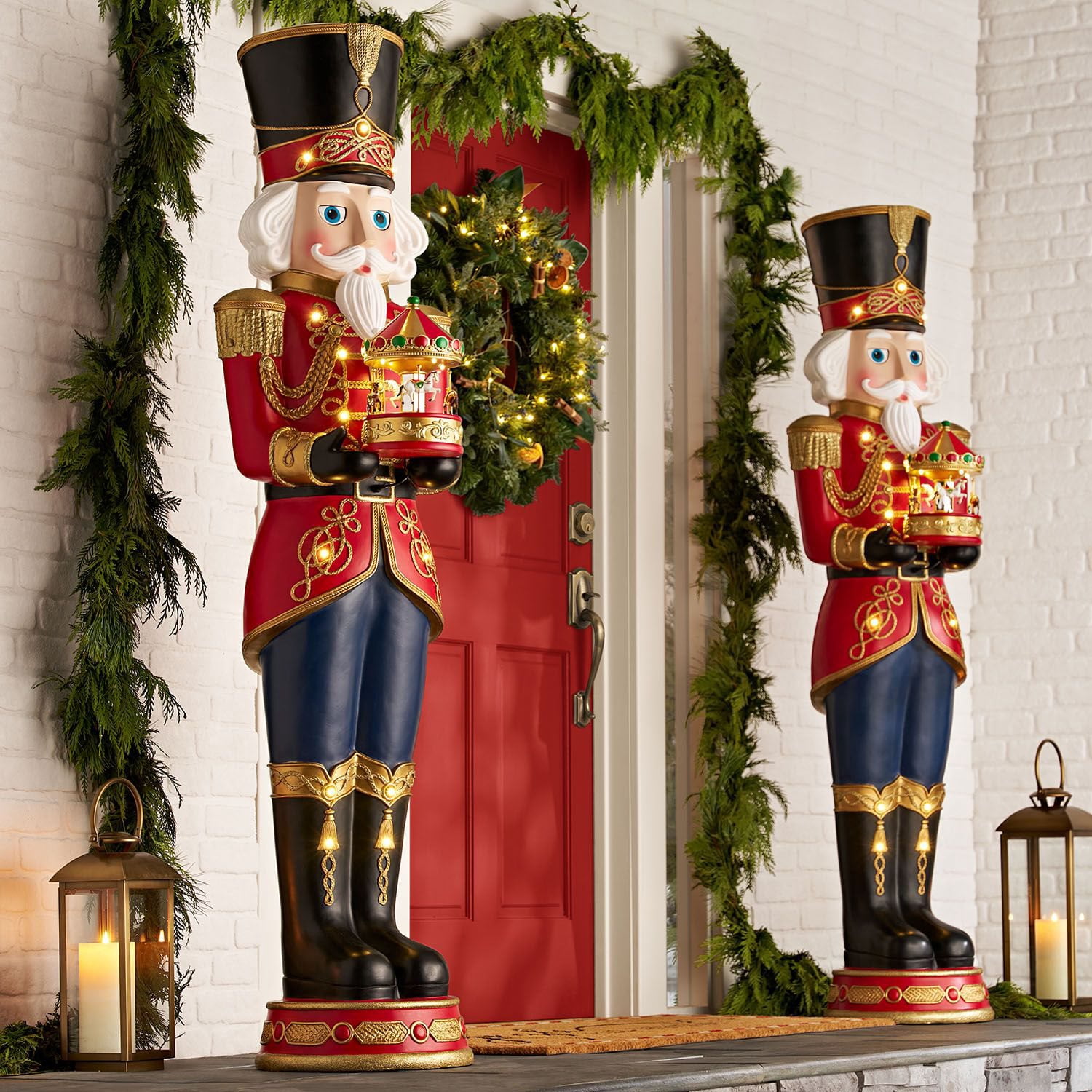 Large Nutcrackers Holding Illuminated Gifts by the Front Door Large Nutcrackers Holding Illuminated Gifts by the Front Door — Nutcracker Christmas Decor