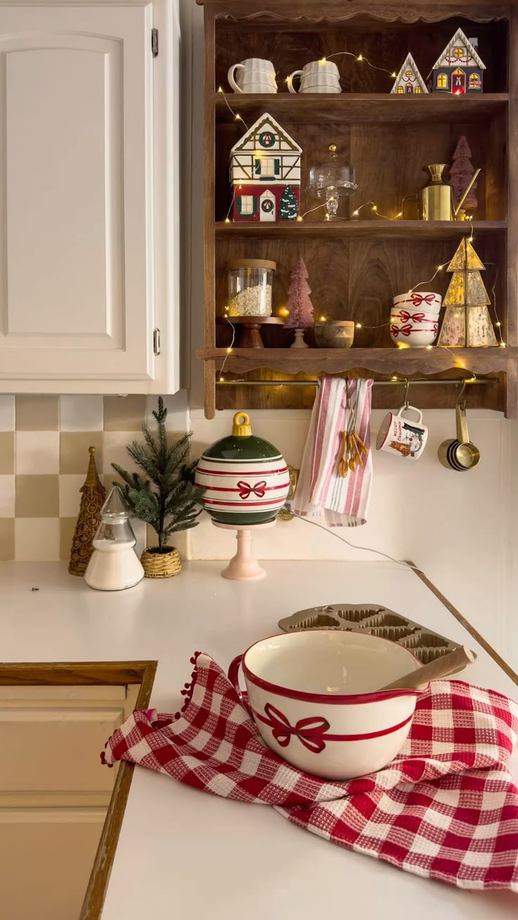 Kitschy Kitchen Counter Display with Oversized Ornament Lamp — Christmas Kitchen Decor