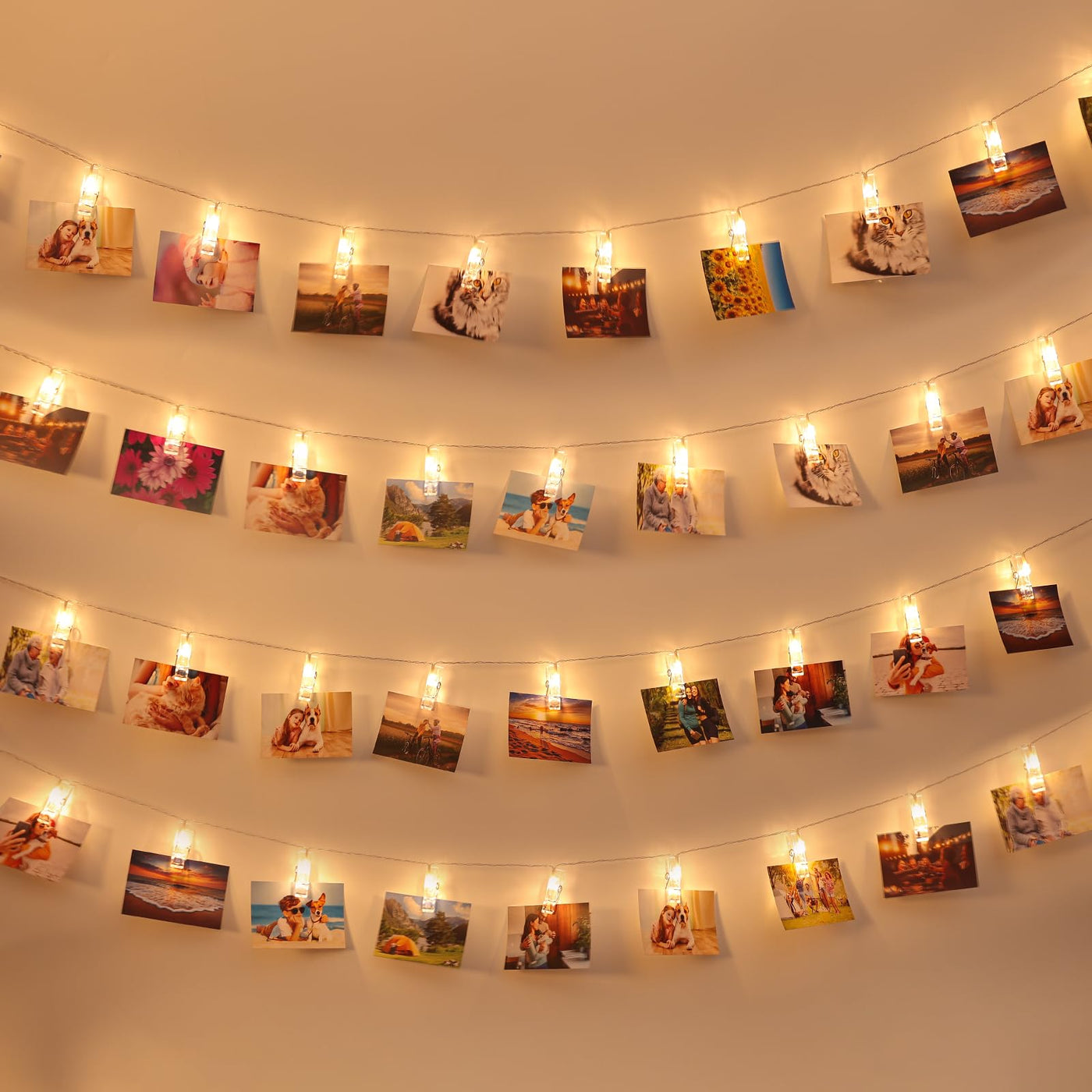 Detail Vignette Eclectic Wall Display with Dense Rows of Fairy Lights and Photos Detail Vignette Eclectic Wall Display with Dense Rows of Fairy Lights and Photos — Christmas Fairy Lights Wall