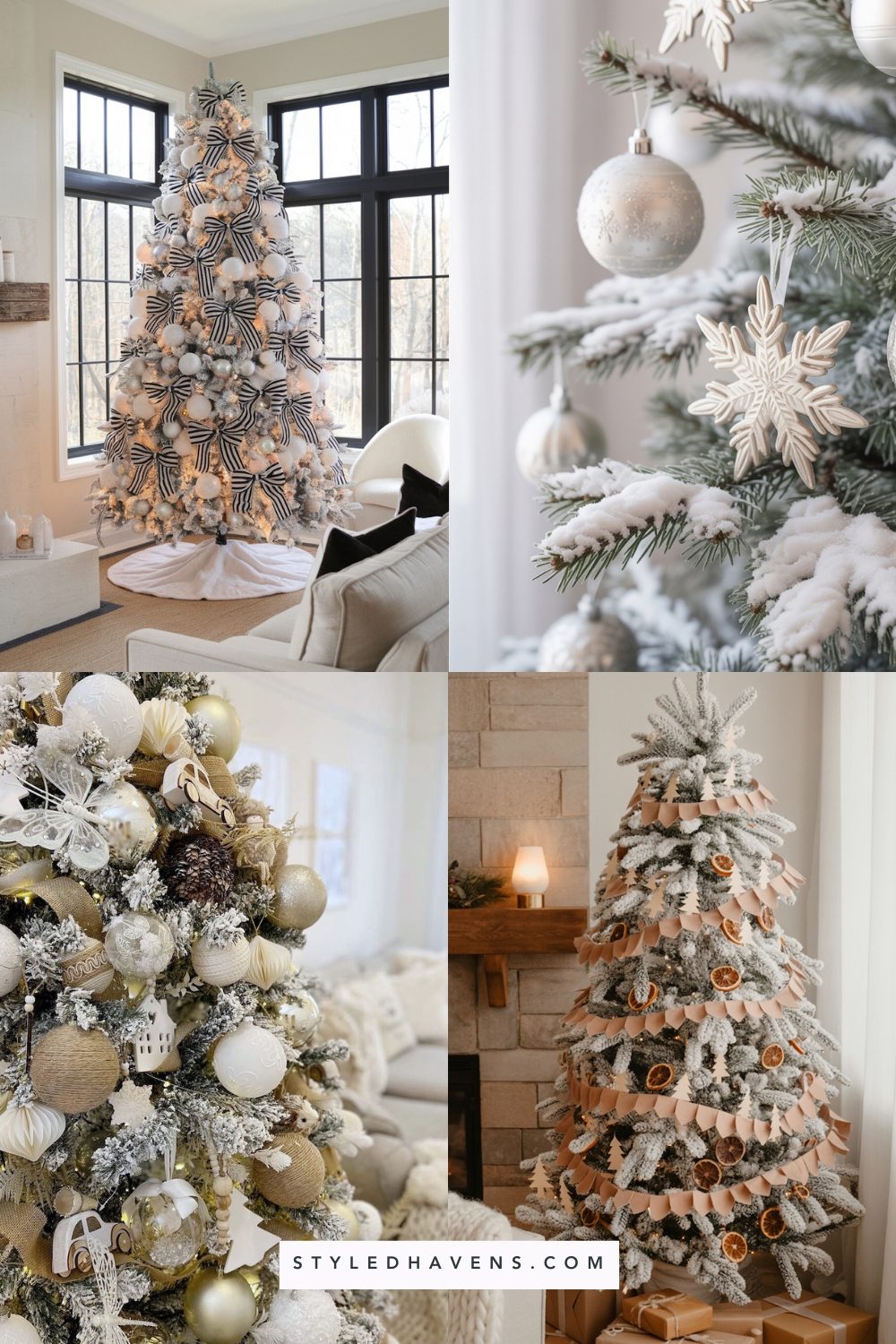 Living Room Striking White Christmas Tree with Black and Gold Ornaments Living Room Striking White Christmas Tree with Black and Gold Ornaments — White Christmas Decor