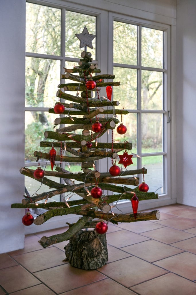Natural Assembled Branch Christmas Tree with Red Accents — Alternative Christmas Trees
