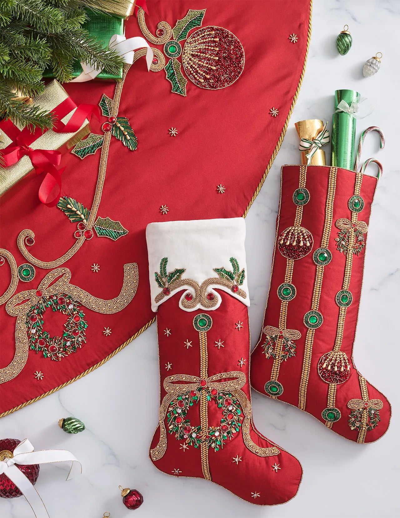 Ornate Red Skirt with Gold Beadwork and Holly Ornate Red Skirt with Gold Beadwork and Holly — Christmas Tree Skirt