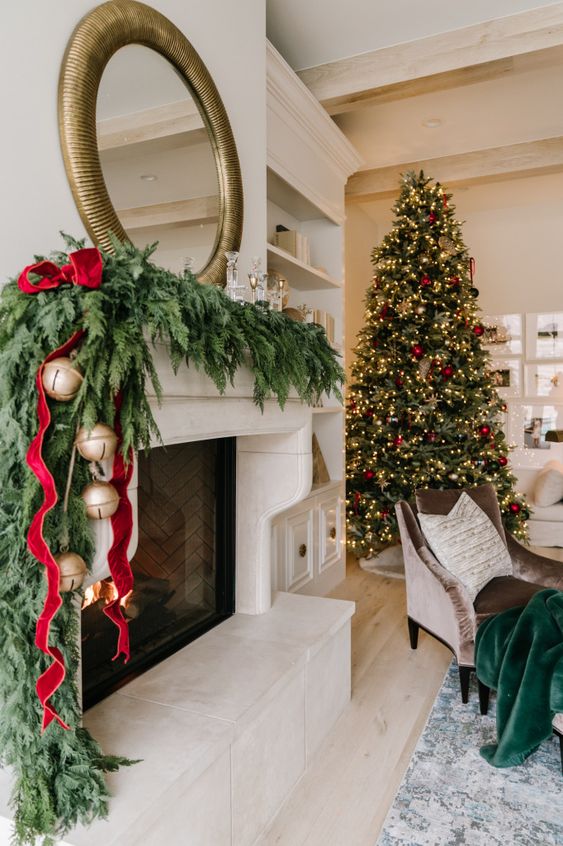 Traditional Stone Mantel with Gold Bells Traditional Stone Mantel with Gold Bells — Christmas Mantel Decor