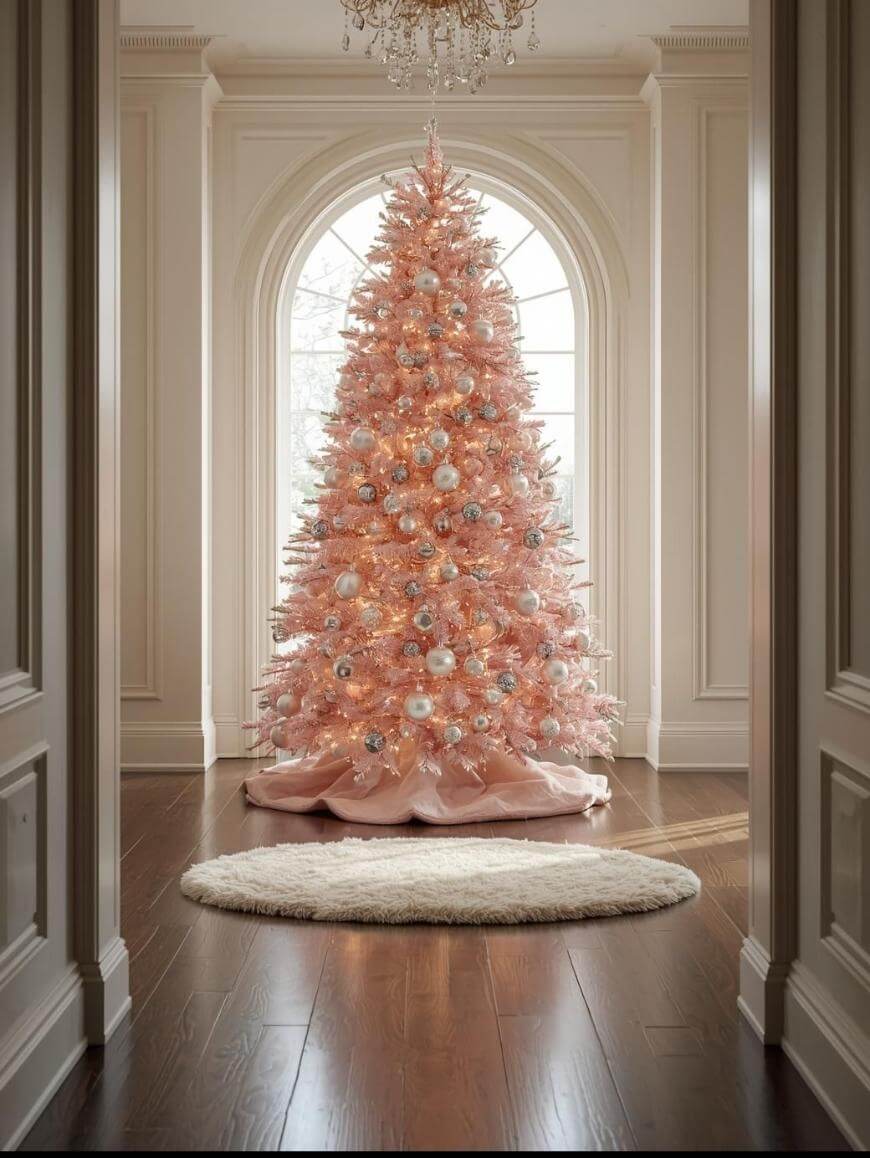 Modern Glam Pink Christmas Tree in a Hallway — Pink Christmas Decor