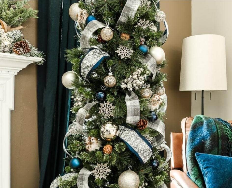 Modern Farmhouse Grey Plaid and Blue Velvet Ribbons Modern Farmhouse Grey Plaid and Blue Velvet Ribbons — Christmas Tree Ribbon