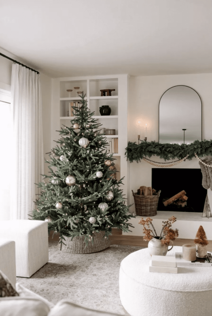 Modern Neutral Living Room with Neutral Ornaments and Basket Base Modern Neutral Living Room with Neutral Ornaments and Basket Base — christmas decor trends 2026