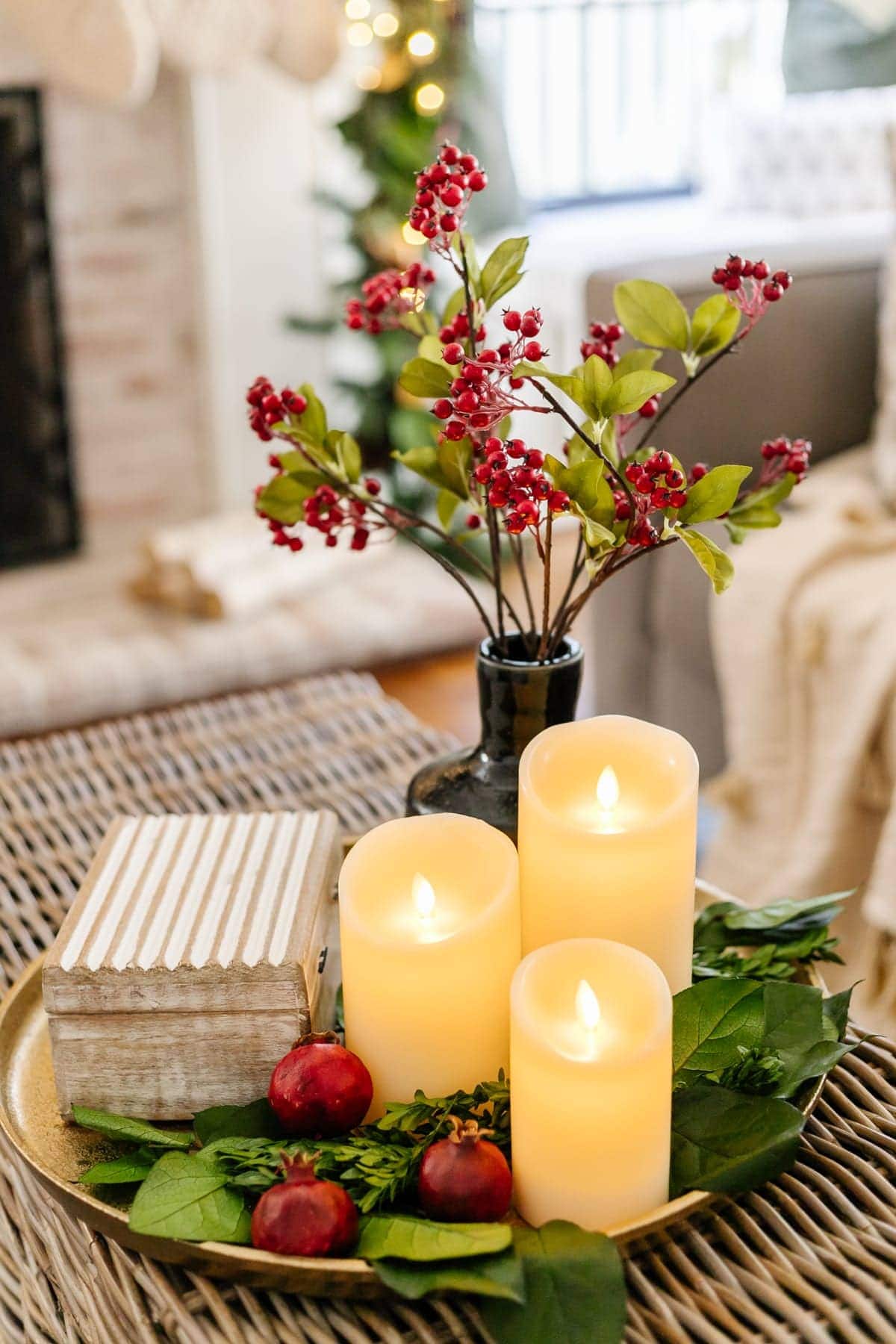 Traditional Tray with Glowing Pillar Candles and Berries Traditional Tray with Glowing Pillar Candles and Berries — Christmas Coffee Table Decor