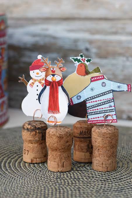 Upcycled Wine Cork Place Card Holders with Character Cutouts — Christmas Place Cards