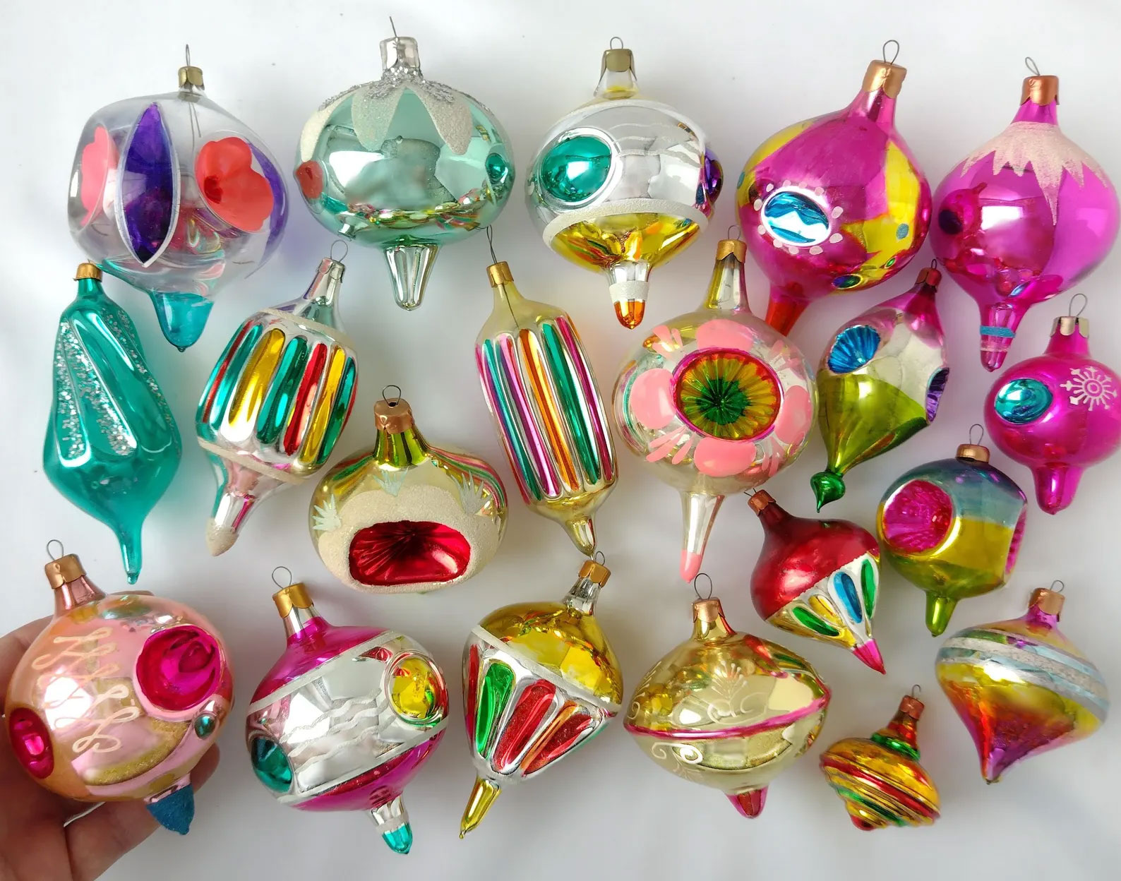 Collection of Retro-Colored Vintage Glass Ornaments on White — Vintage Christmas Ornaments