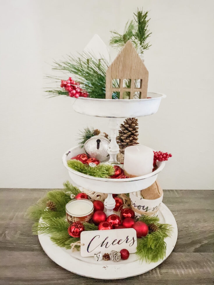 White Three-Tiered Tray with Red Ornaments and 'Cheers' Sign White Three-Tiered Tray with Red Ornaments and 'Cheers' Sign — Christmas Tiered Tray