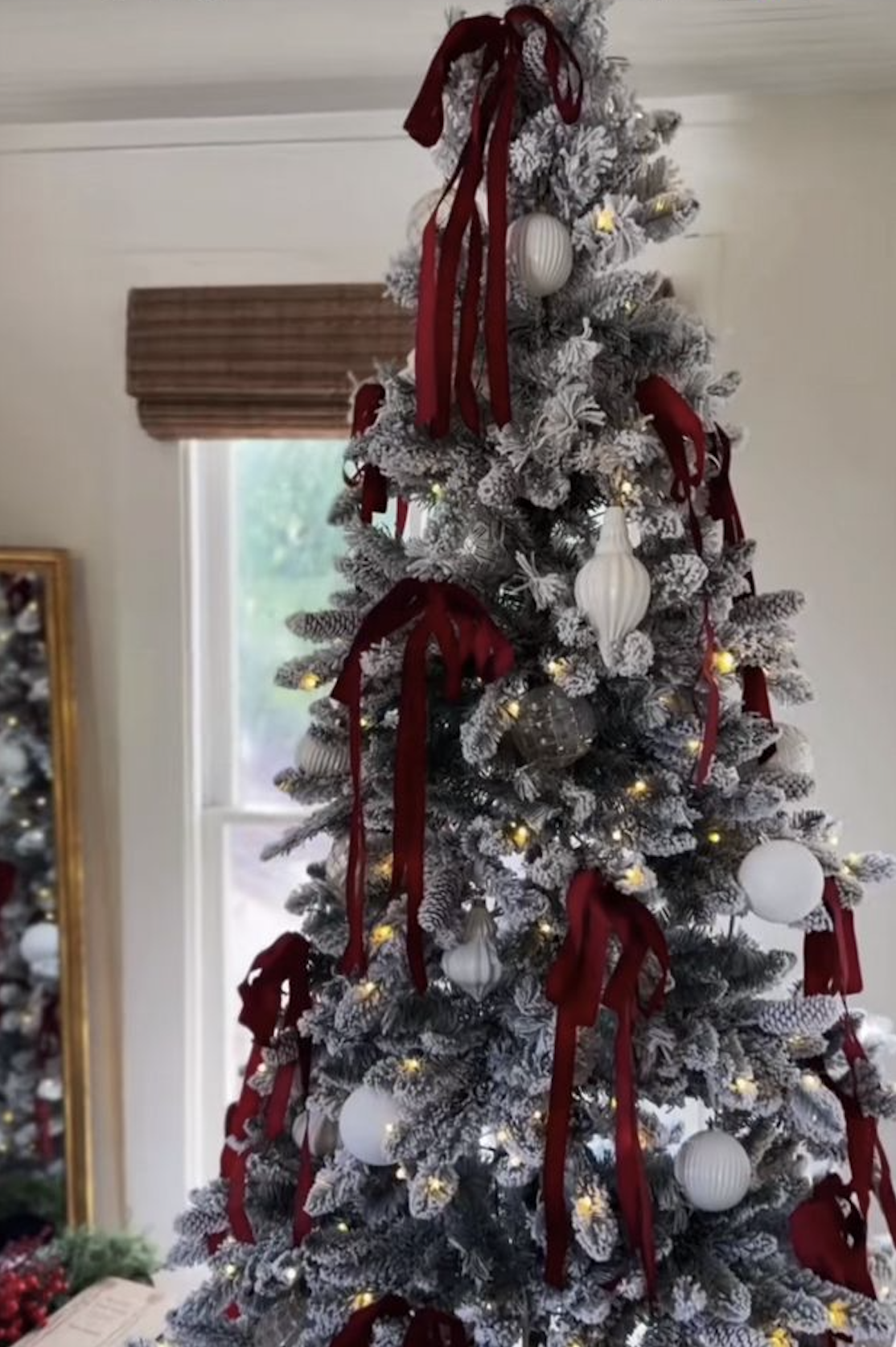 Flocked Christmas Tree with Burgundy Velvet Ribbons — Burgundy Christmas Decor
