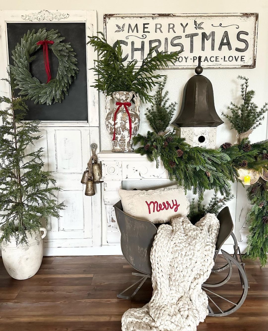 Farmhouse Mantel with Layered Christmas Decorations — Rustic Christmas Decor
