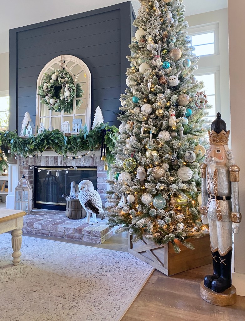 Farmhouse Flocked Tree with Teal Accents and Owl Ornaments — Elegant Christmas Tree