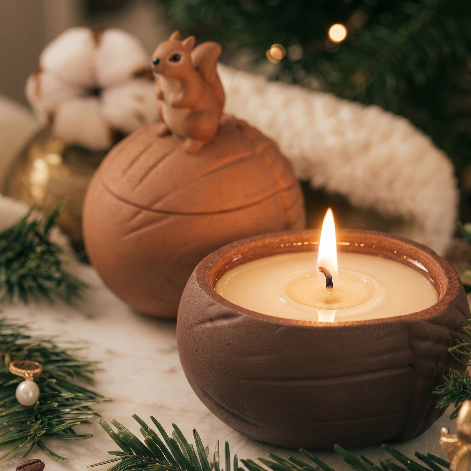 Rustic Nut-Shaped Candle with Squirrel Figurine Decor — Christmas Candle Decor