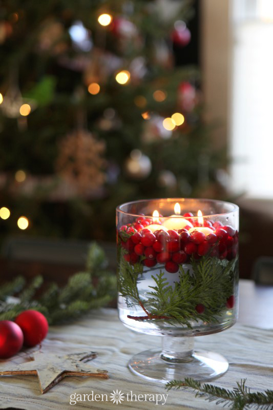 Floating Candle and Cranberry Centerpiece — Simple Christmas Decor