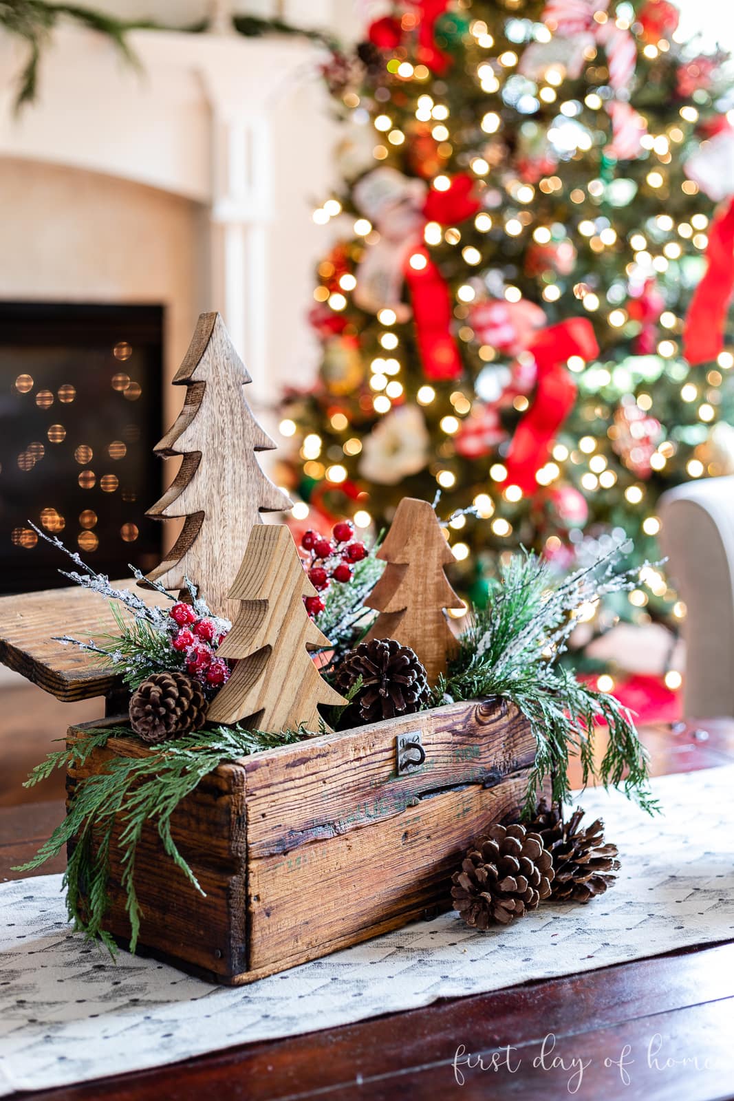 Rustic Wooden Chest with Carved Trees and Faux Snow Rustic Wooden Chest with Carved Trees and Faux Snow — Christmas Coffee Table Decor