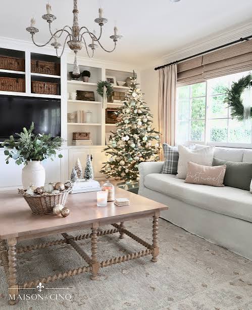 Traditional Living Room with Sage Green Walls and Decorated Christmas Tree Traditional Living Room with Sage Green Walls and Decorated Christmas Tree — Sage Green Christmas Decor
