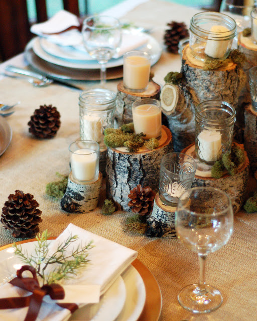 Rustic Centerpiece with Wood Slices and Moss — Christmas Wedding Decor