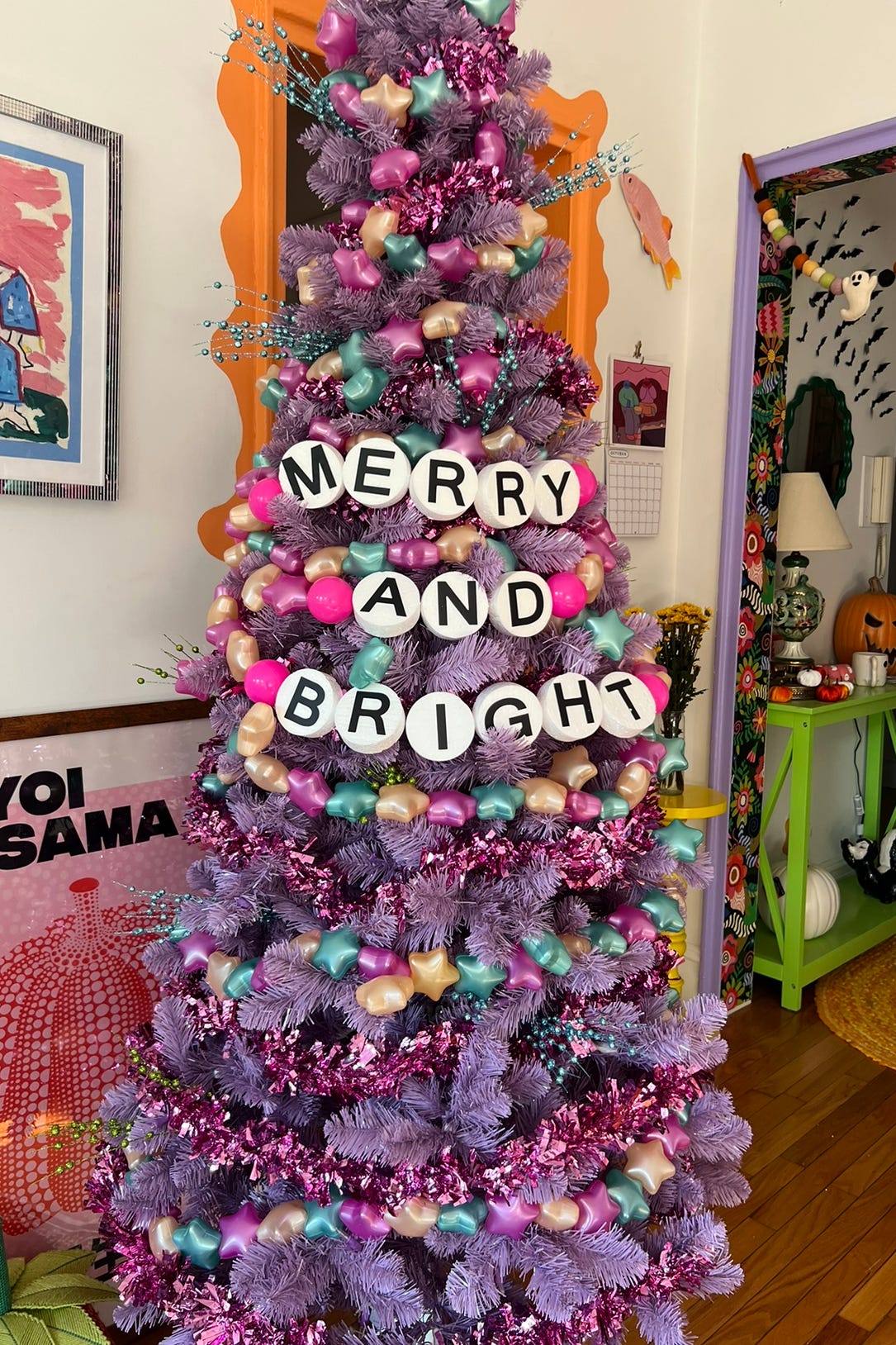 Vibrant Purple Tree with Pink and Teal Tinsel Accents — Christmas Tree Color Schemes