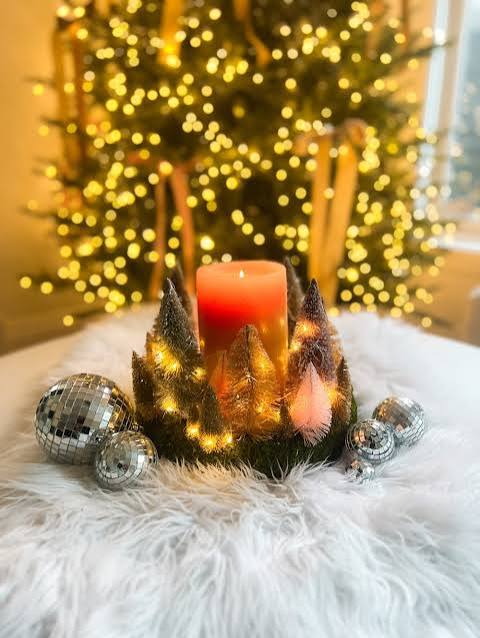 Cozy Tabletop Centerpiece with Candle and Miniature Trees — Dollar Tree Christmas Decor