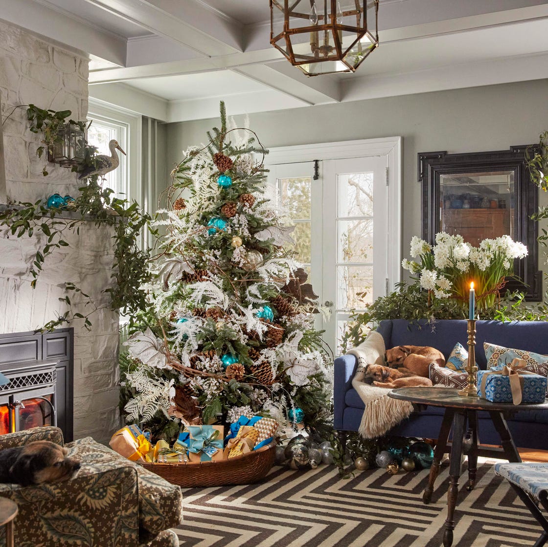 Rustic Living Room with Frosted Tree and Blue Ornaments Rustic Living Room with Frosted Tree and Blue Ornaments — Aesthetic Christmas Decor