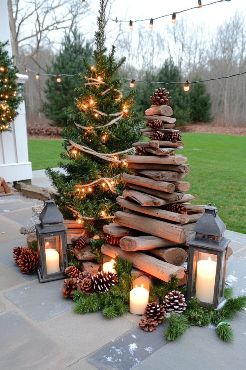 Rustic Patio with Driftwood and Lanterns — Christmas Yard Decor