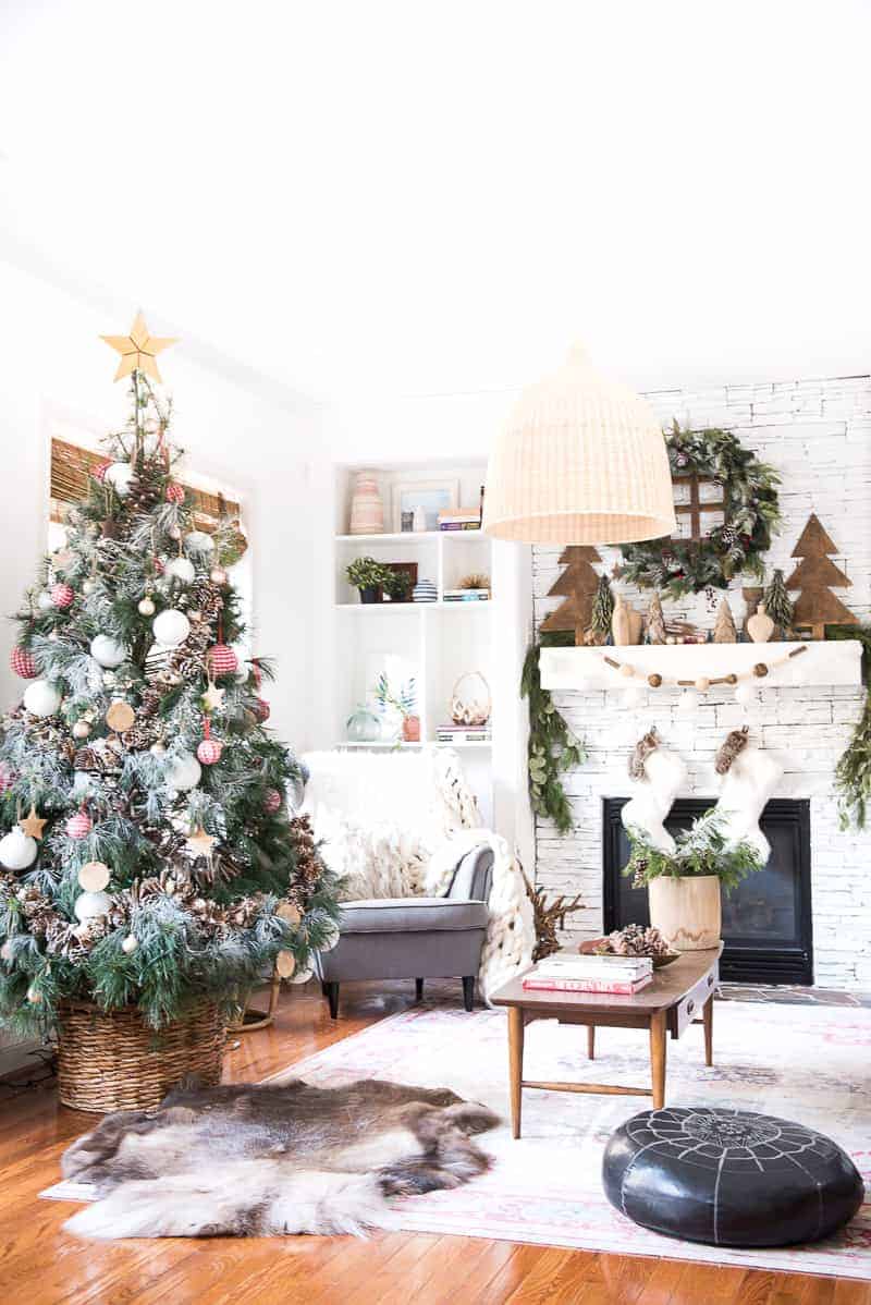 Room Corner With Tree And Fireplace Visual Idea — Boho Christmas Decor