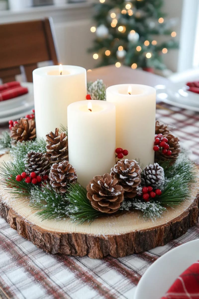 Classic Pillar Candles on a Wood Slice Base — Christmas Centerpiece