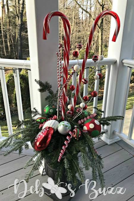 Candy Cane Urn Arrangement for Porch Decor — Candy Cane Christmas Decor