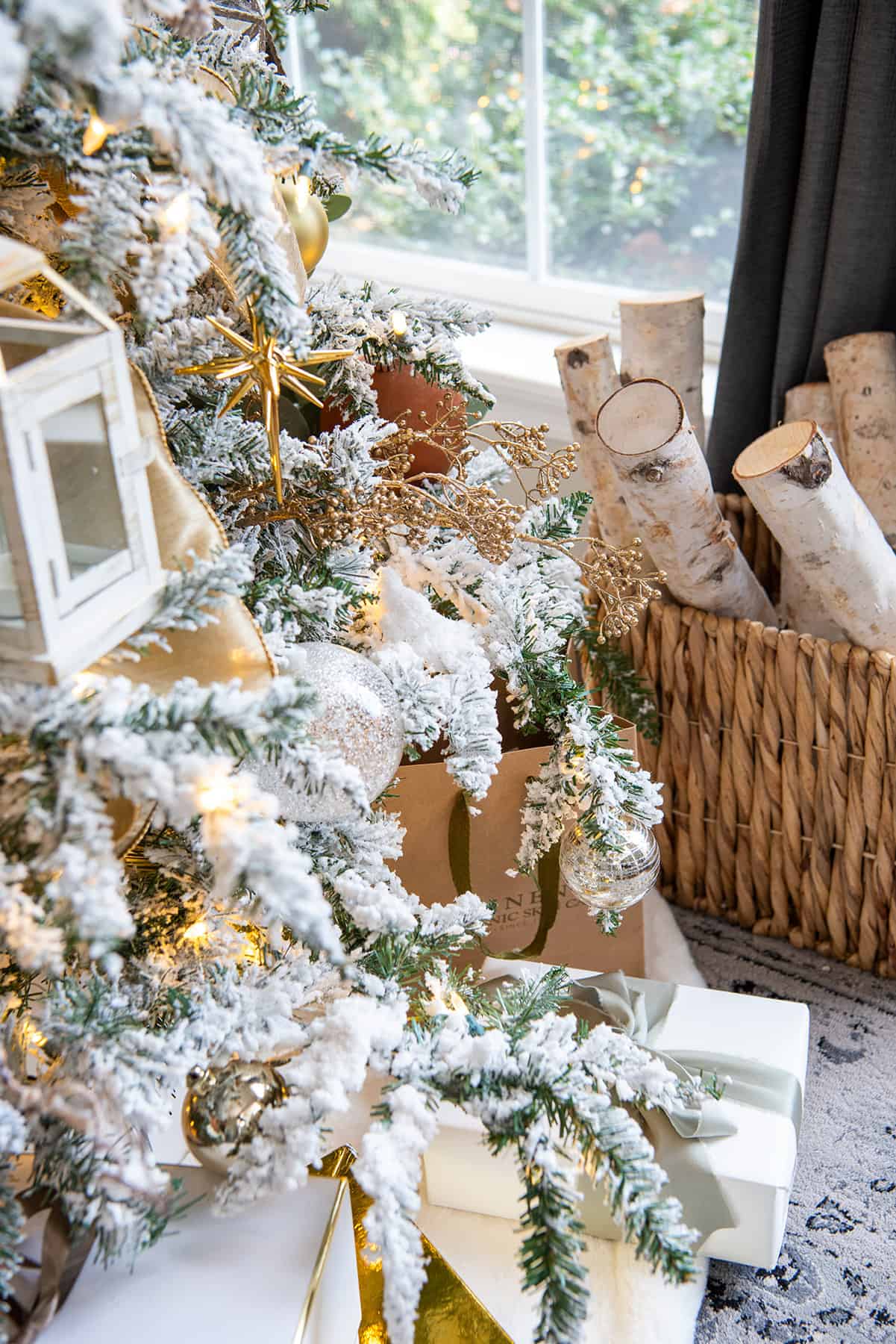 Rustic Flocked Christmas Tree with Gold Accents and Birch Logs — White Christmas Tree Decor