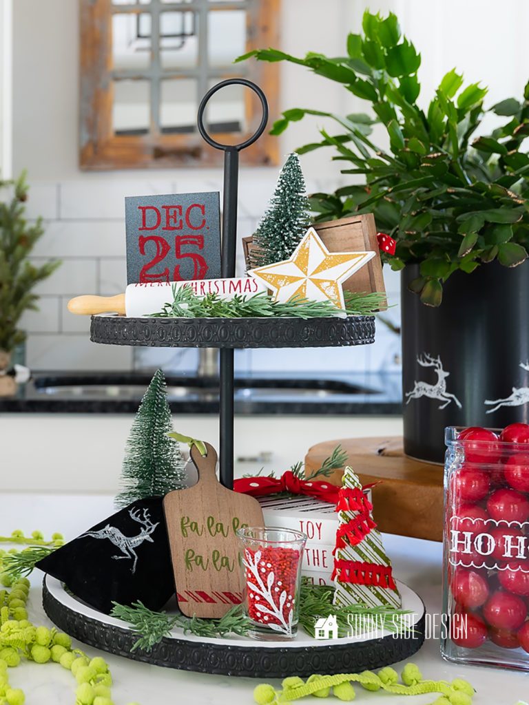Black Tiered Tray with Mini Trees and 'Fa la la' Sign Black Tiered Tray with Mini Trees and 'Fa la la' Sign — Christmas Tiered Tray