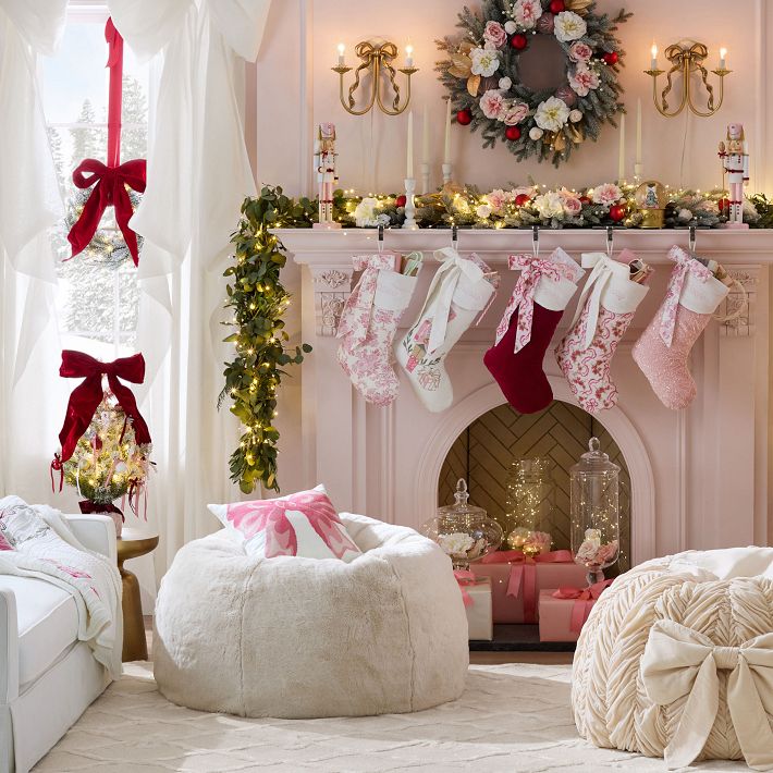 Romantic Pink Fireplace Decor with Beanbag Chairs — Pink Christmas Decor