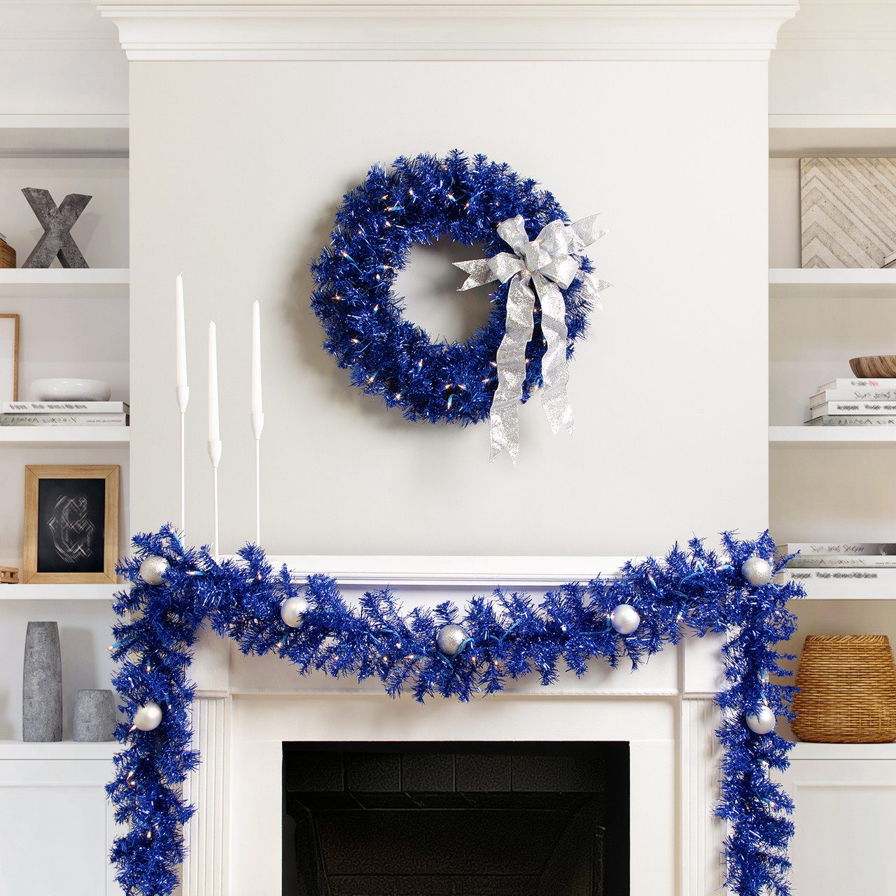 Modern Fireplace Mantel with Blue Tinsel Garland Modern Fireplace Mantel with Blue Tinsel Garland — Christmas Garland