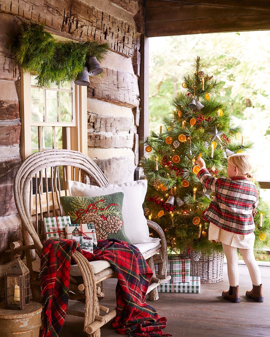 Cozy Porch with Wicker Chair and Plaid Blanket — Rustic Christmas Decor