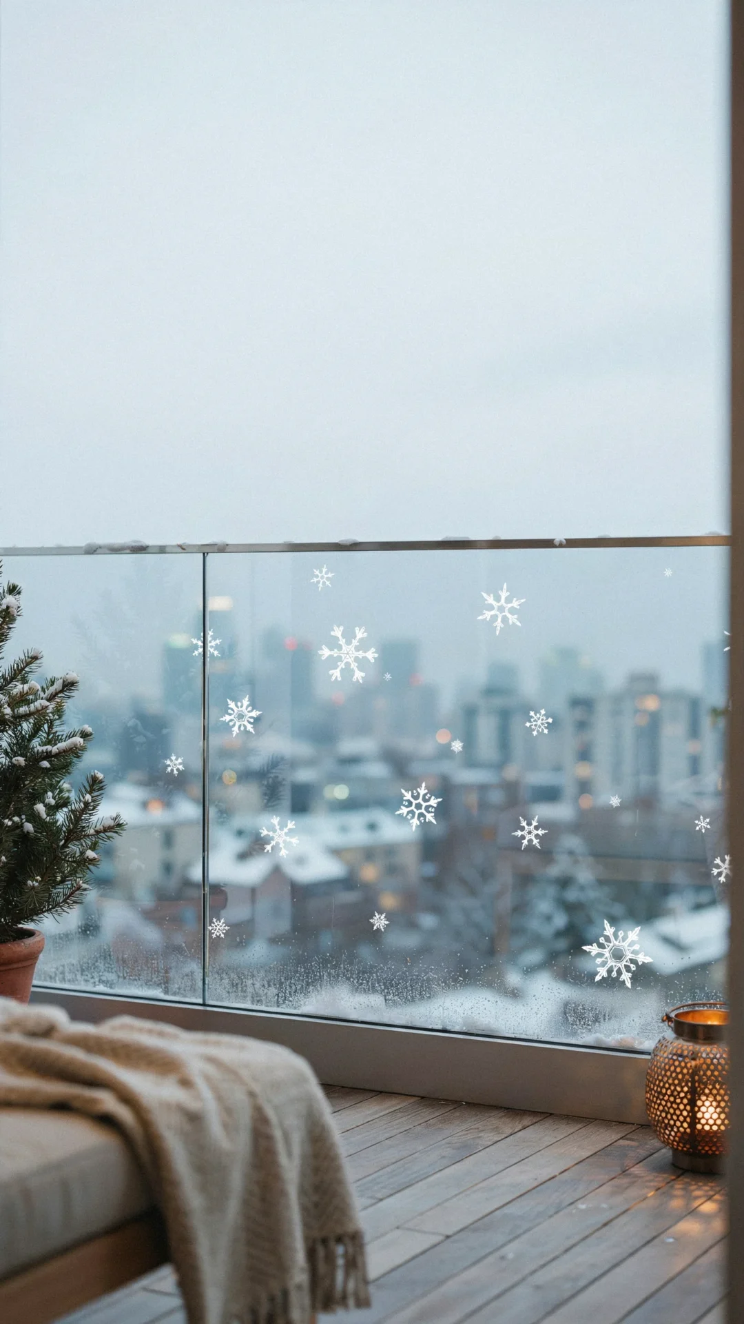 Minimalist Balcony with Snowflake Decals and a Small Pine Tree — Christmas Balcony Decor