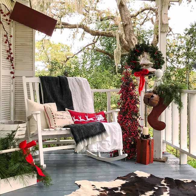 Festive Rocking Chair with Cozy Blankets and Berry-Laden Tree — Farmhouse Christmas Porch
