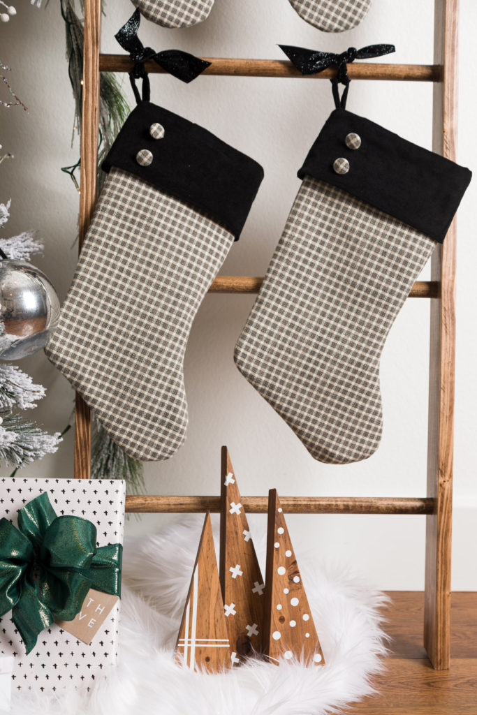 Plaid Stockings on a Rustic Ladder Vignette — Christmas Stockings Display