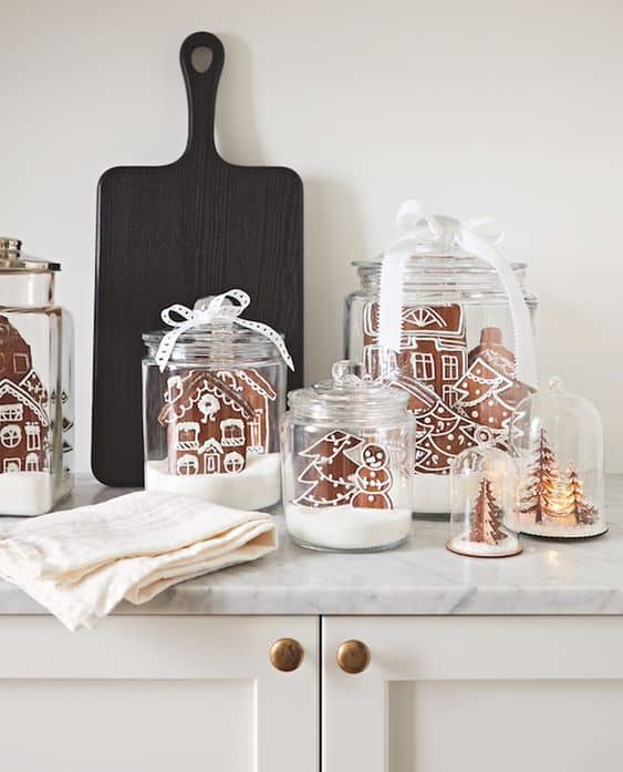 Jars Arranged On Counter Modern Farmhouse Kitchen Counter with Gingerbread House Jars — Gingerbread Christmas Decor