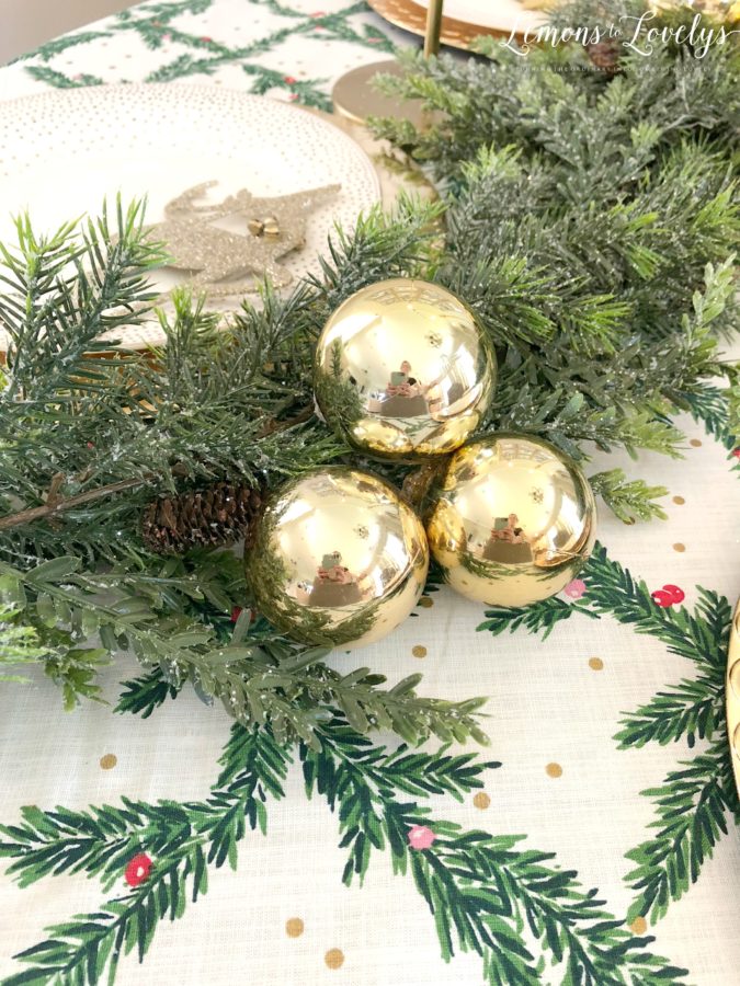 Festive Tablescape with Gold Baubles and Pine Garland — Whimsical Christmas Decor