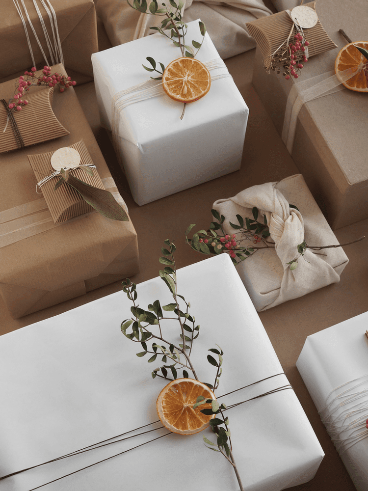 Minimalist White and Brown Gifts with Dried Orange Slices — Christmas Gift Wrapping