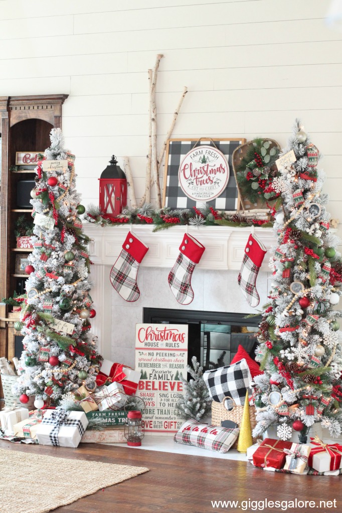 Pair of Flocked Farmhouse Trees by Fireplace Pair of Flocked Farmhouse Trees by Fireplace — Farmhouse Christmas Tree