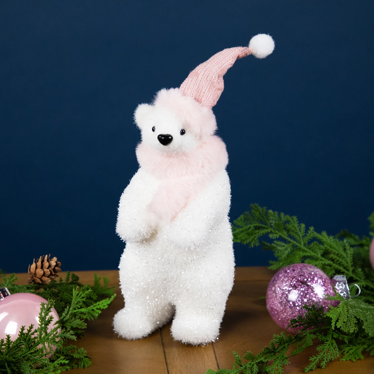 Whimsical Pink-Attired Polar Bear Figurine — Pink Christmas Decor