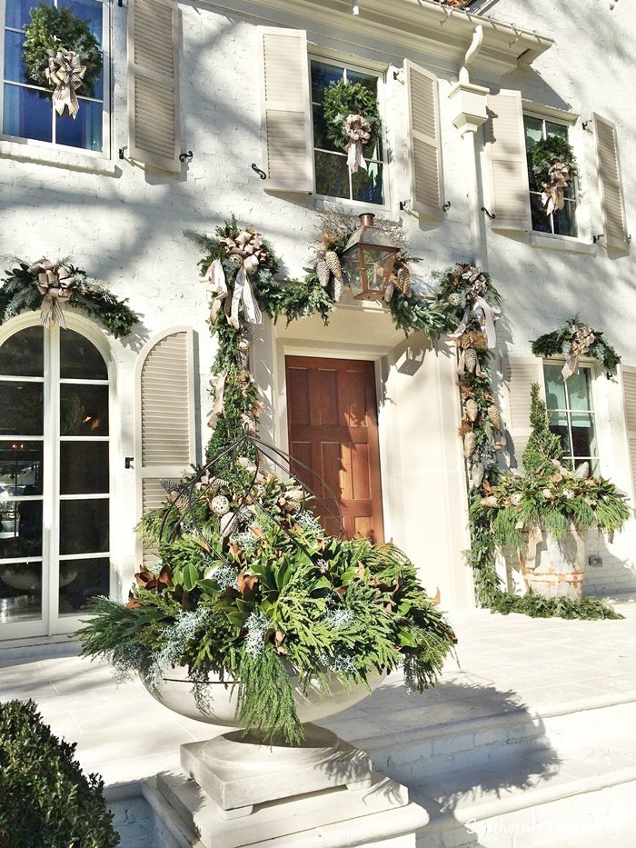 Classic Entrance with Lush Evergreen Garlands and Urns — Christmas House Exterior Decor