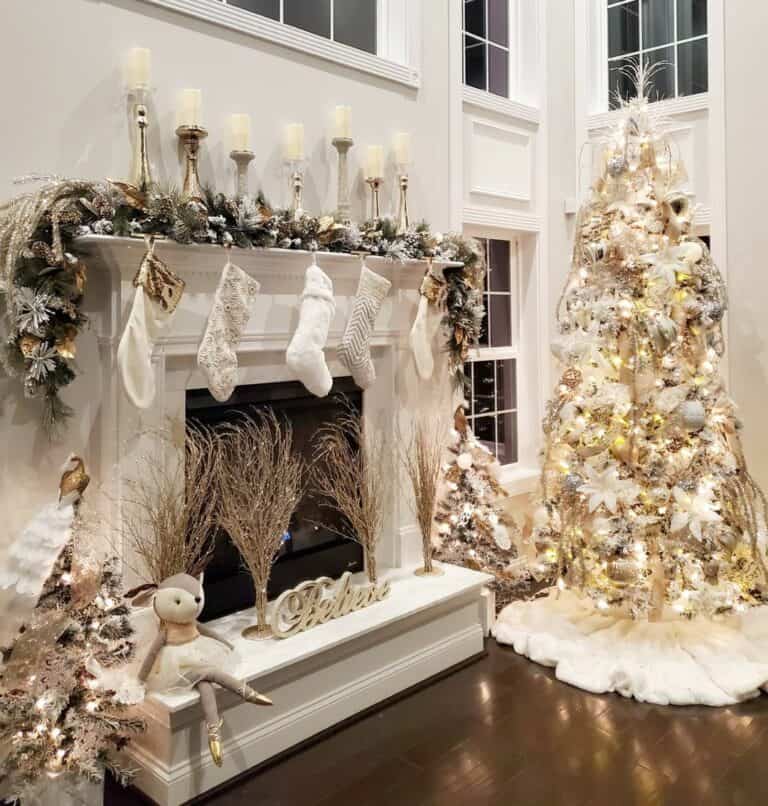 Focus On Fireplace And Christmas Tree Elegant Neutral Living Room with Cream and Gold Christmas Theme — Elegant Christmas Dec