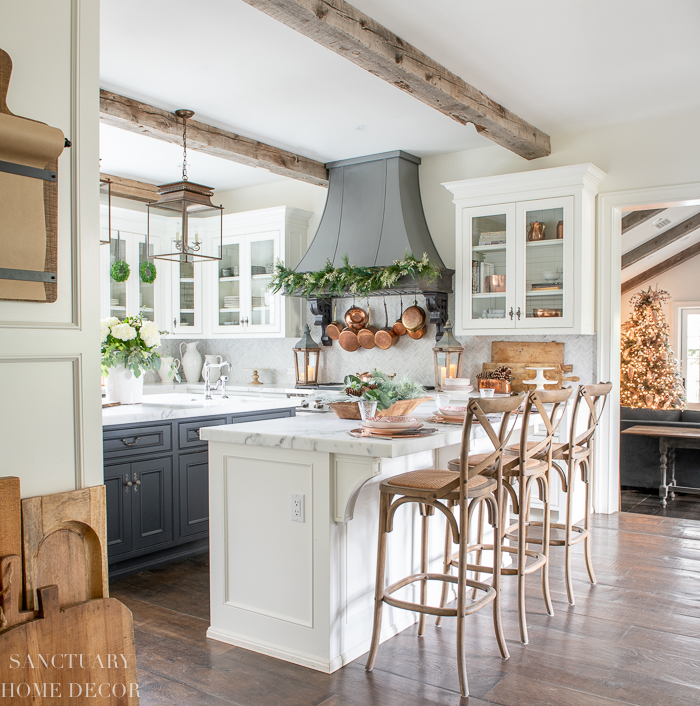 Farmhouse Kitchen Island with Subtle Greenery and Copper Accents — Christmas Kitchen Decor